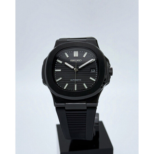 Custom Seiko Mod • Full Black Nautilus on Rubber Strap • 40mm